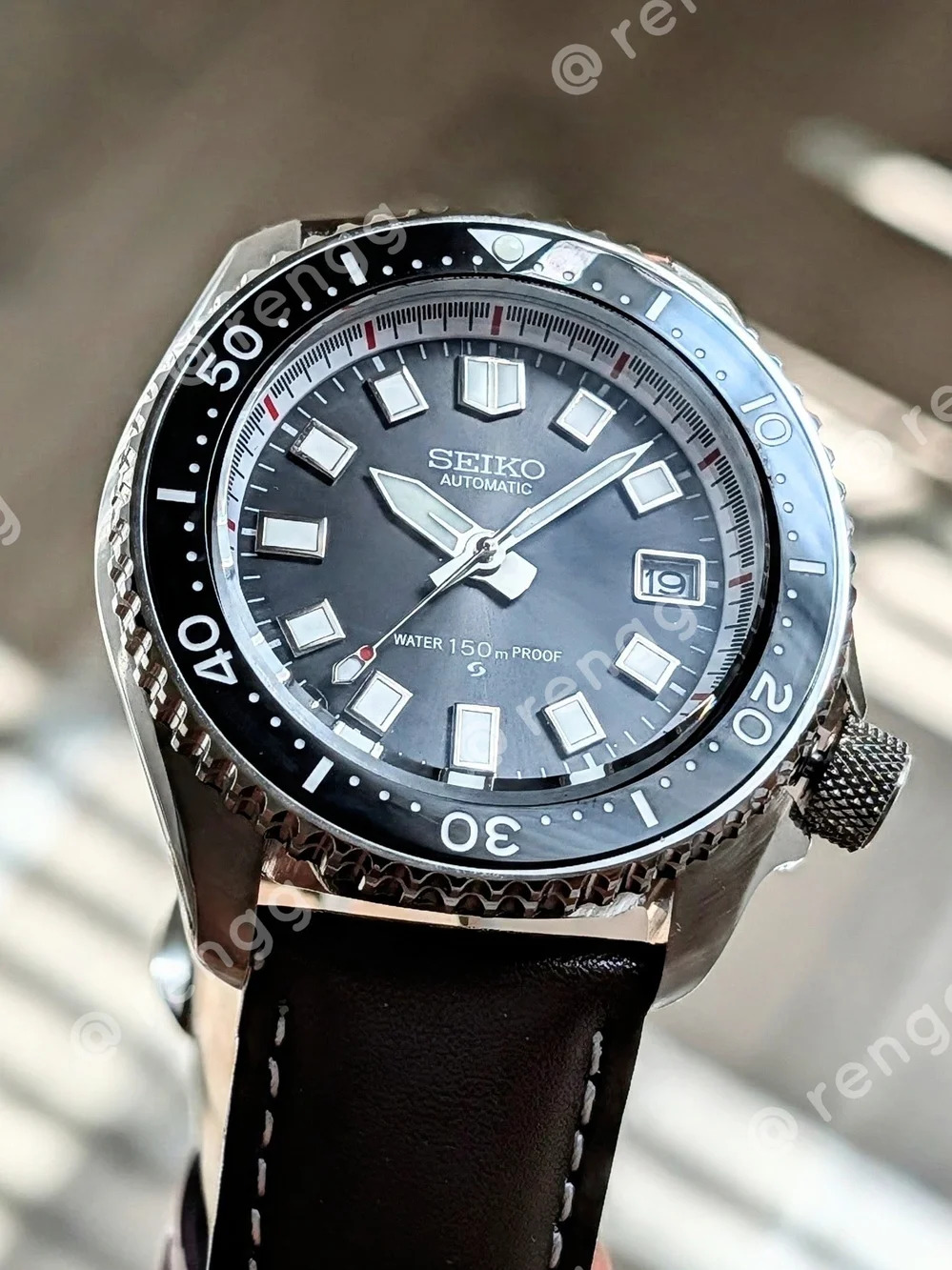 42mm Seiko Black Dial Automatic Diver Mod Watch Sapphire  Brown Leather Strap
